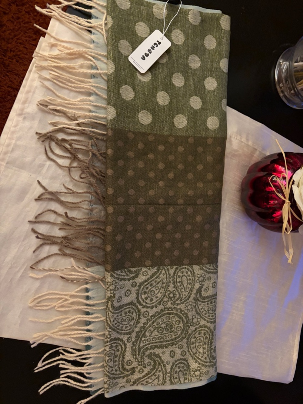 Olive Green Polka Dot & Paisley Fringed Wrap